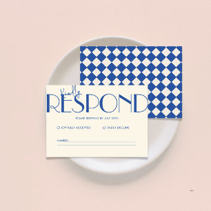 Retro Minimalistic Chequered Pattern Blue Wedding RSVP Card