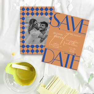 Retro Minimalistic Chequered Pattern Blue Wedding  Save The Date