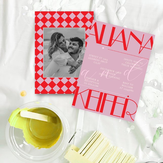 Retro Minimalistic Chequered Pattern Pink Wedding  Invitation (Creator Uploaded)