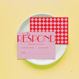 Retro Minimalistic Chequered Pattern Pink Wedding RSVP Card