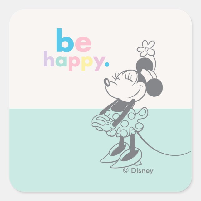 Retro Minnie Mouse - Be Happy Coloured Text Square Sticker (Front)