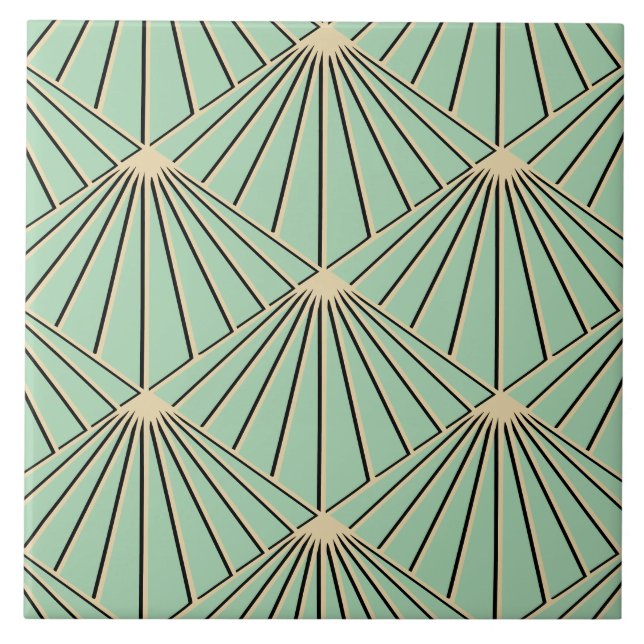 Retro Mint Green Art Deco Fan Pattern Diamond Tile (Front)