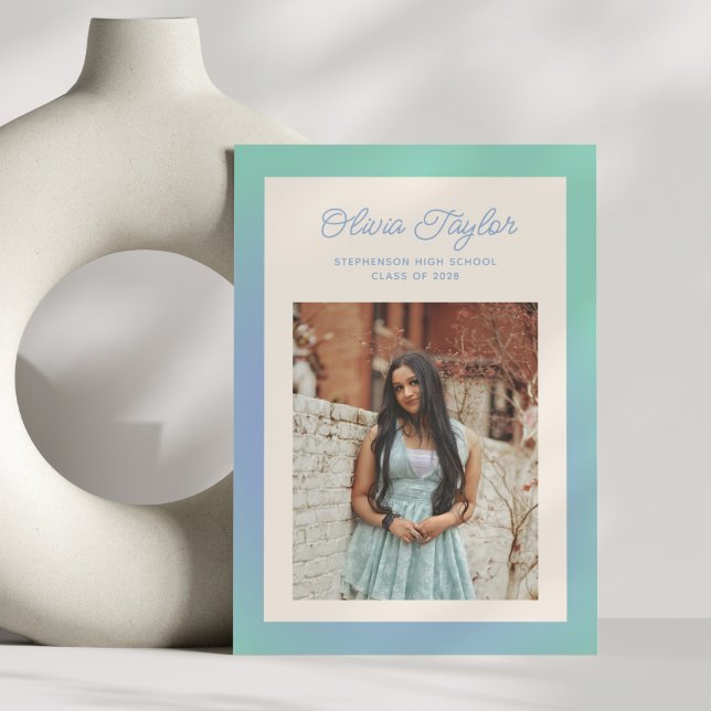 Retro Mint Green Gradient Border Photo Graduation Announcement (Creator Uploaded)