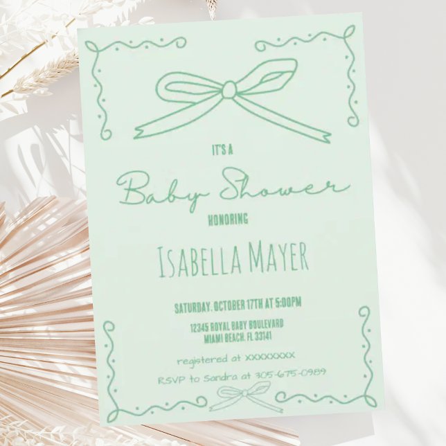Retro Mint Green Hand Drawn Bow Baby Shower Invitation (Creator Uploaded)