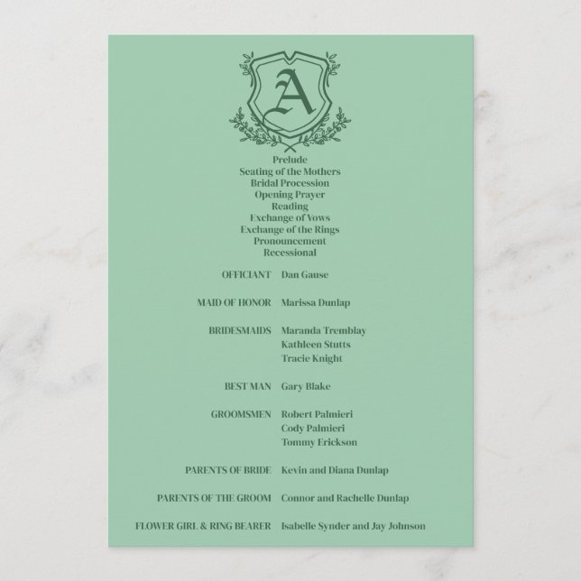 Retro Mint Leaf and Floral Monogram Wedding Program (Front)