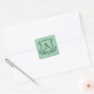 Retro Mint Leaf and Floral Monogram Wedding Square Sticker