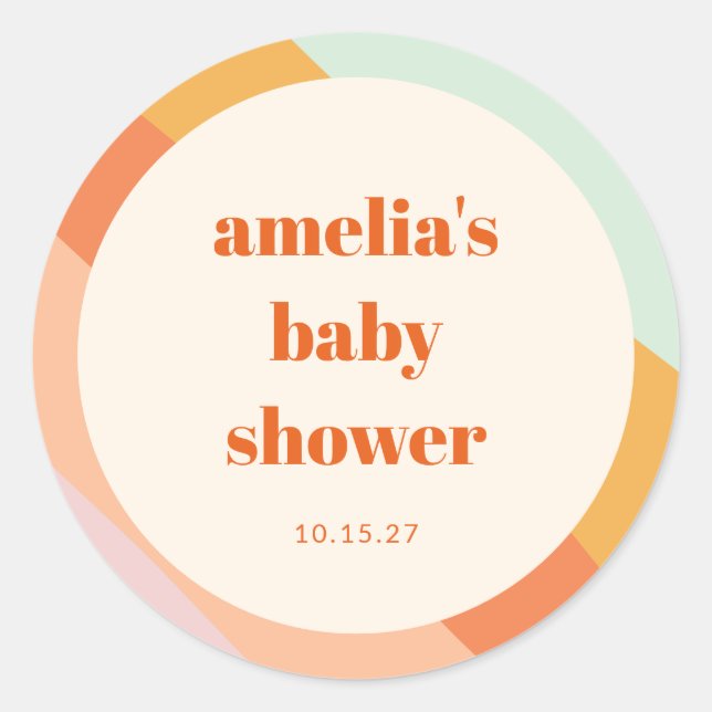 Retro Mint Orange Boho Stripes Custom Baby Shower Classic Round Sticker (Front)