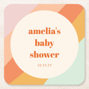 Retro Mint Orange Boho Stripes Custom Baby Shower Square Paper Coaster