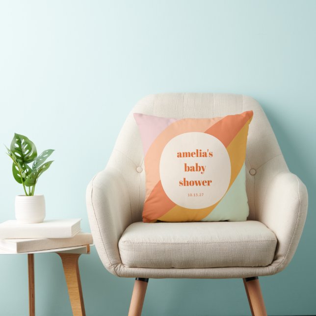 Retro Mint Orange Boho Stripes Custom Baby Shower Throw Pillow (Chair)