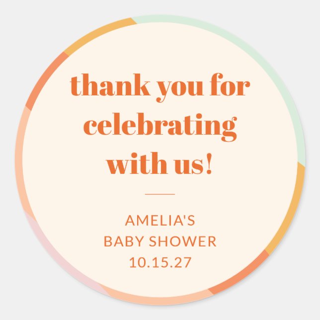 Retro Mint Orange Stripes Custom Baby Shower Thank Classic Round Sticker (Front)