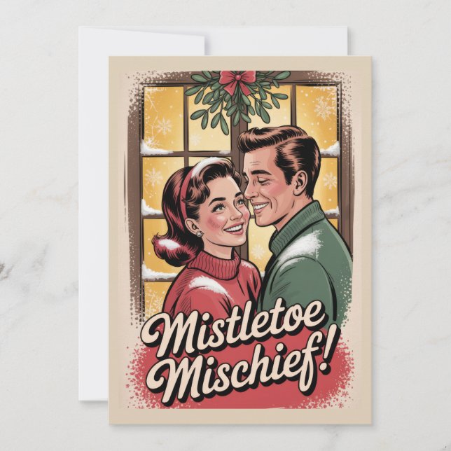 Retro Mistletoe Mischief Christmas 1950s Vintage Holiday Card (Front)