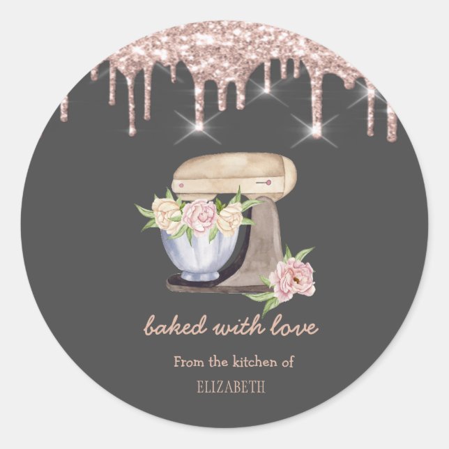 Retro Mixer Flowers Rose Gold Drips Bakery   Classic Round Sticker (Front)