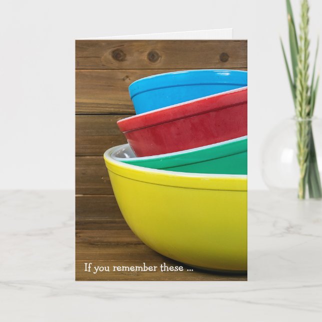 retro mixing bowls on wood birthday card (Front)