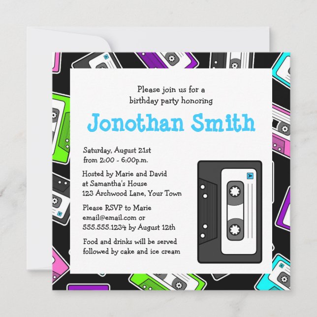 Retro Mixtape Themed Birthday Party Invite Black (Front)
