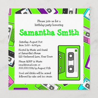 Retro Mixtape Themed Birthday Party Invite Green