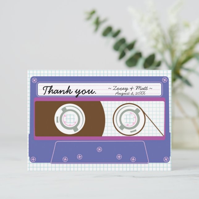 Retro Mixtape Wedding Purple and Indigo Thank You Card (Standing Front)