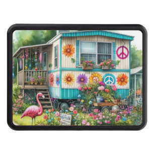 Retro Mobile Home Peace, Love, and Potted Plants Trailer Hitch Cover