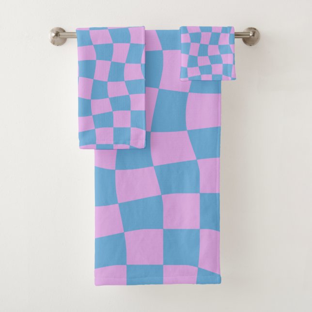Retro Mod Abstract Chequerboard in Blue and Purple Bath Towel Set (Insitu)