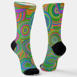Retro mod abstract circles,Green and Orange-red Socks