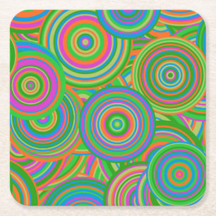 Retro mod abstract circles,Green and Orange-red Square Paper Coaster