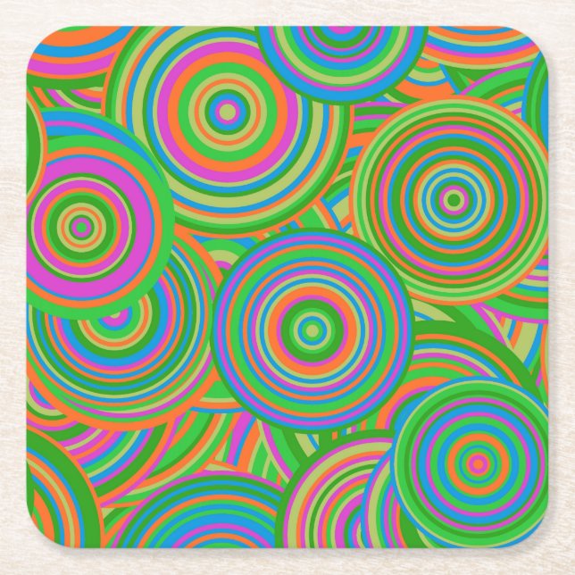 Retro mod abstract circles,Green and Orange-red Square Paper Coaster (Front)