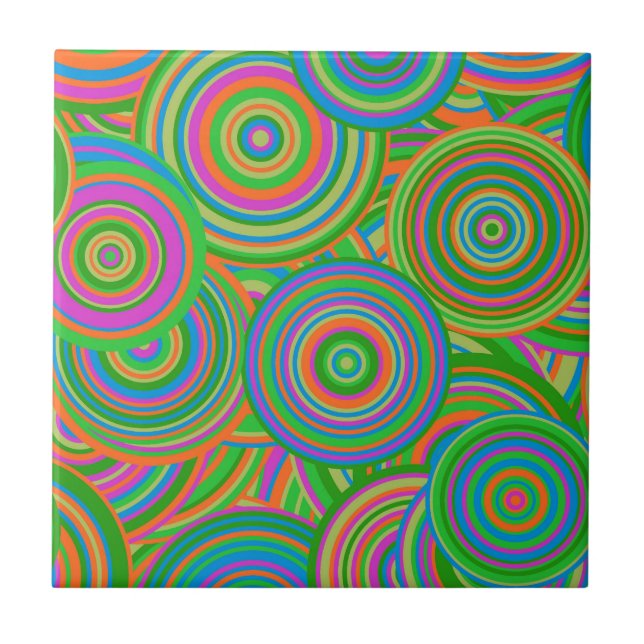 Retro mod abstract circles,Green and Orange-red Tile (Front)