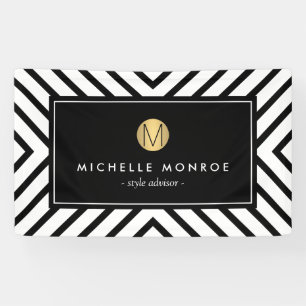 Retro Mod Black and White Pattern Gold Monogram Banner