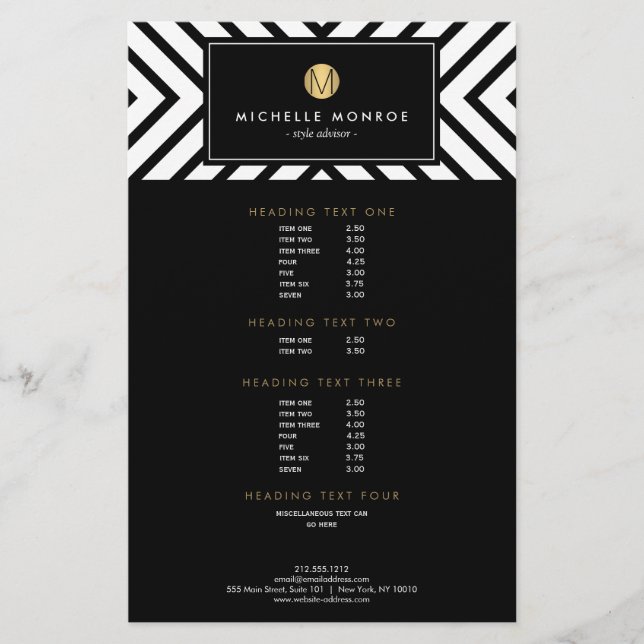 Retro Mod Black and White Pattern Gold Monogram Flyer (Front)