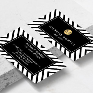 Retro Mod Black and White Pattern Gold Monogram II Business Card