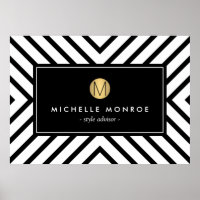 Retro Mod Black and White Pattern Gold Monogram