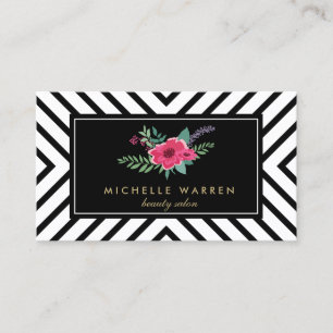 Retro Mod Black and White Pattern Pink Flowers Business Card