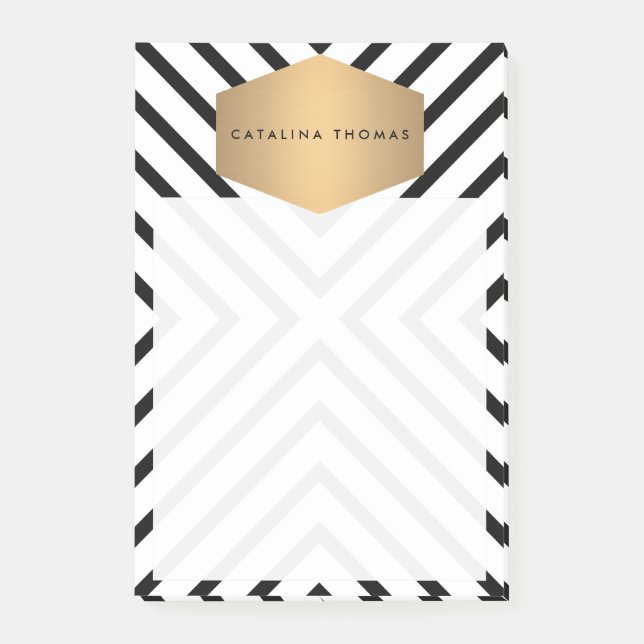 Retro Mod Black and White Pattern with Gold Emblem Post-it Notes (Front)