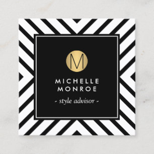 Retro Mod Black/White Pattern Gold Circle Monogram Square Business Card