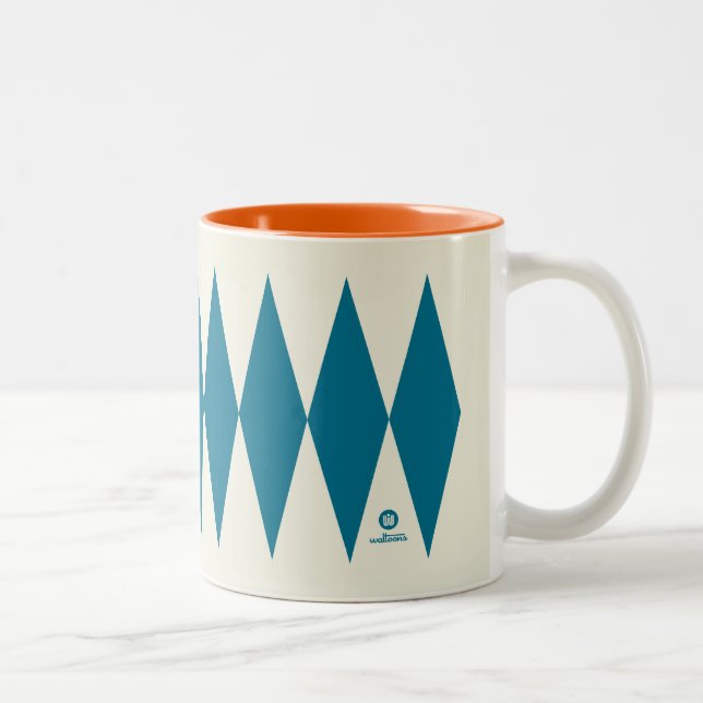 Retro Mod Blue Diamond Pattern Two-Tone Coffee Mug (Right)