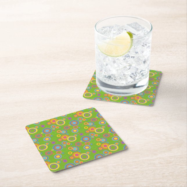 Retro Mod Circles on Green Square Paper Coaster (Insitu)