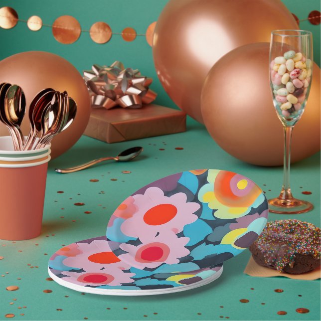 Retro mod flowers  paper plate (Multi)