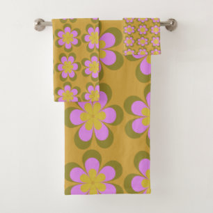 Retro Mod Flowers Pattern in Yellow and Violet  Bath Towel Set