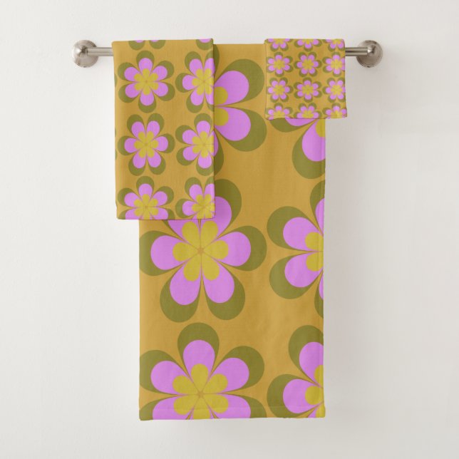 Retro Mod Flowers Pattern in Yellow and Violet  Bath Towel Set (Insitu)
