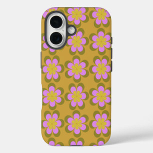 Retro Mod Flowers Pattern in Yellow and Violet  iPhone 16 Case