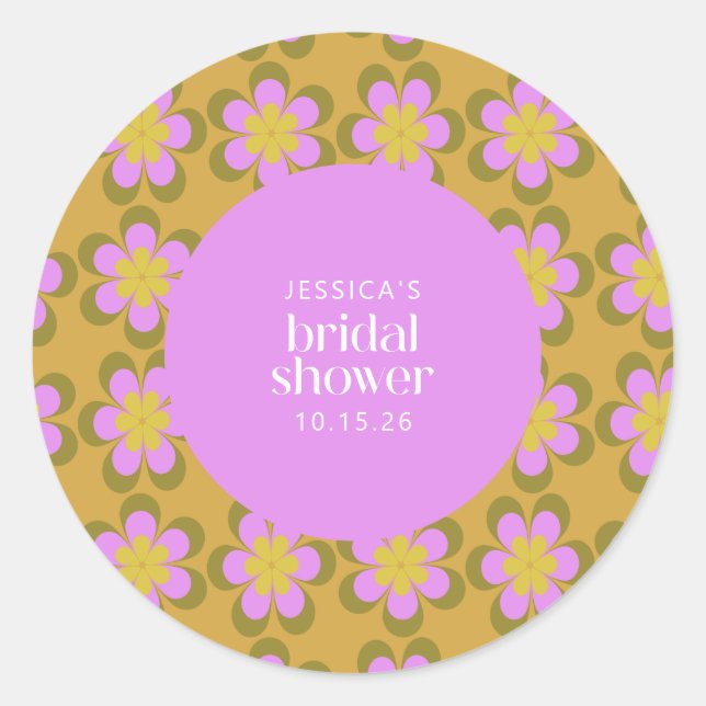 Retro Mod Flowers Purple and Yellow Bridal Shower  Classic Round Sticker (Front)