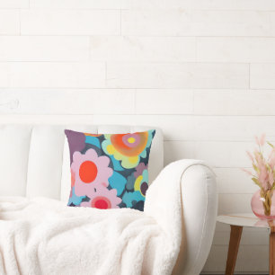 Retro mod flowers throw pillow