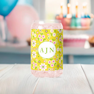 Retro Mod Flowers Yellow & White Monogram  Can Glass