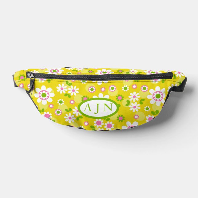 Retro Mod Flowers Yellow & White Monogram  Fanny Pack (Lay Down)