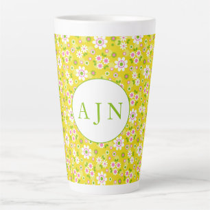 Retro Mod Flowers Yellow & White Monogram  Latte Mug