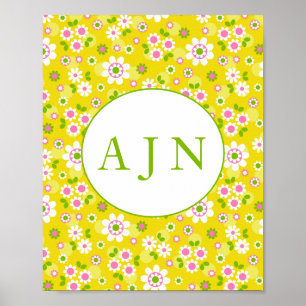 Retro Mod Flowers Yellow & White Monogram  Poster