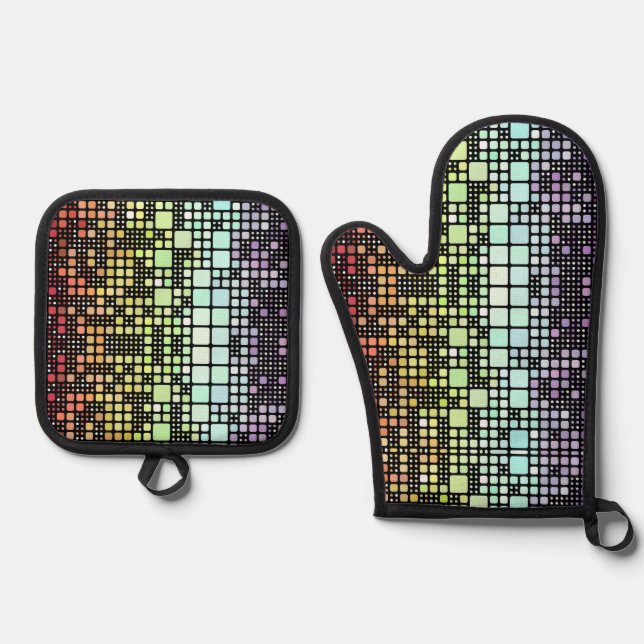 Retro Mod Geometric Groovy Funky Neurogender Pride Oven Mitt & Pot Holder Set (Front)