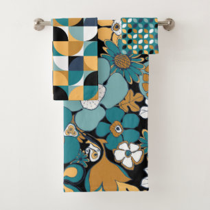 Retro Mod Motifs Aqua Turquoise Mustard Noir Blanc