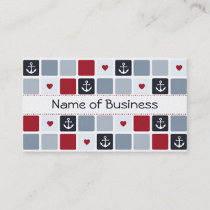 Retro Mod Navy and Red Anchors Girly Hearts Business Card