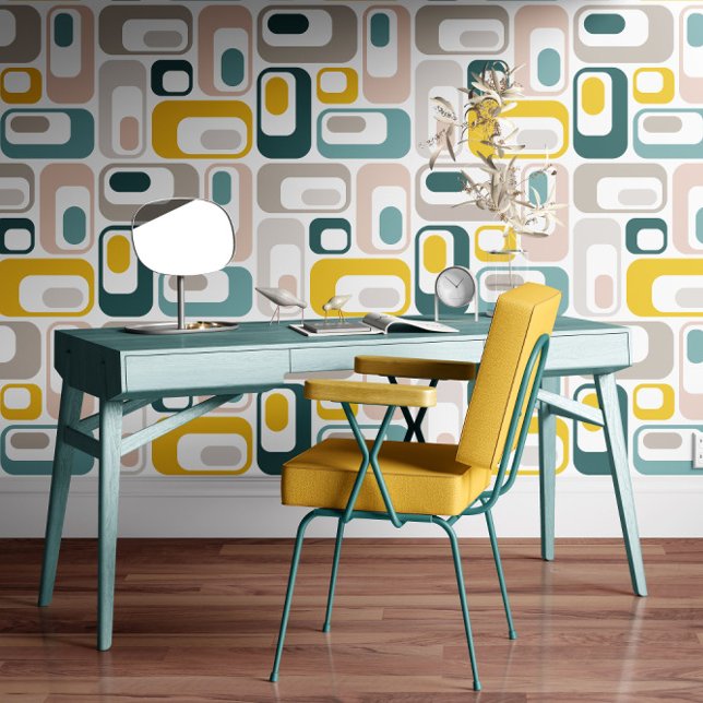 Retro Mod Ovals Aqua Teal Blue Blush Pink Yellow  Wallpaper (Creator Uploaded)