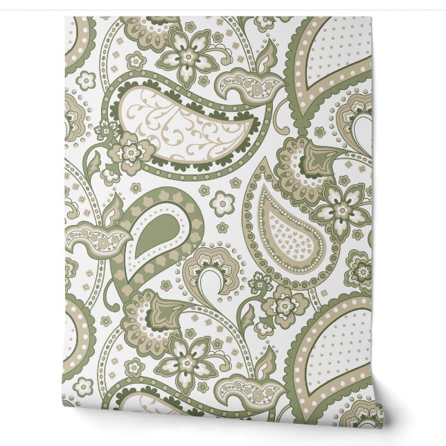 Retro Mod Paisley Olive Sage Green Beige Wallpaper (Unrolling)